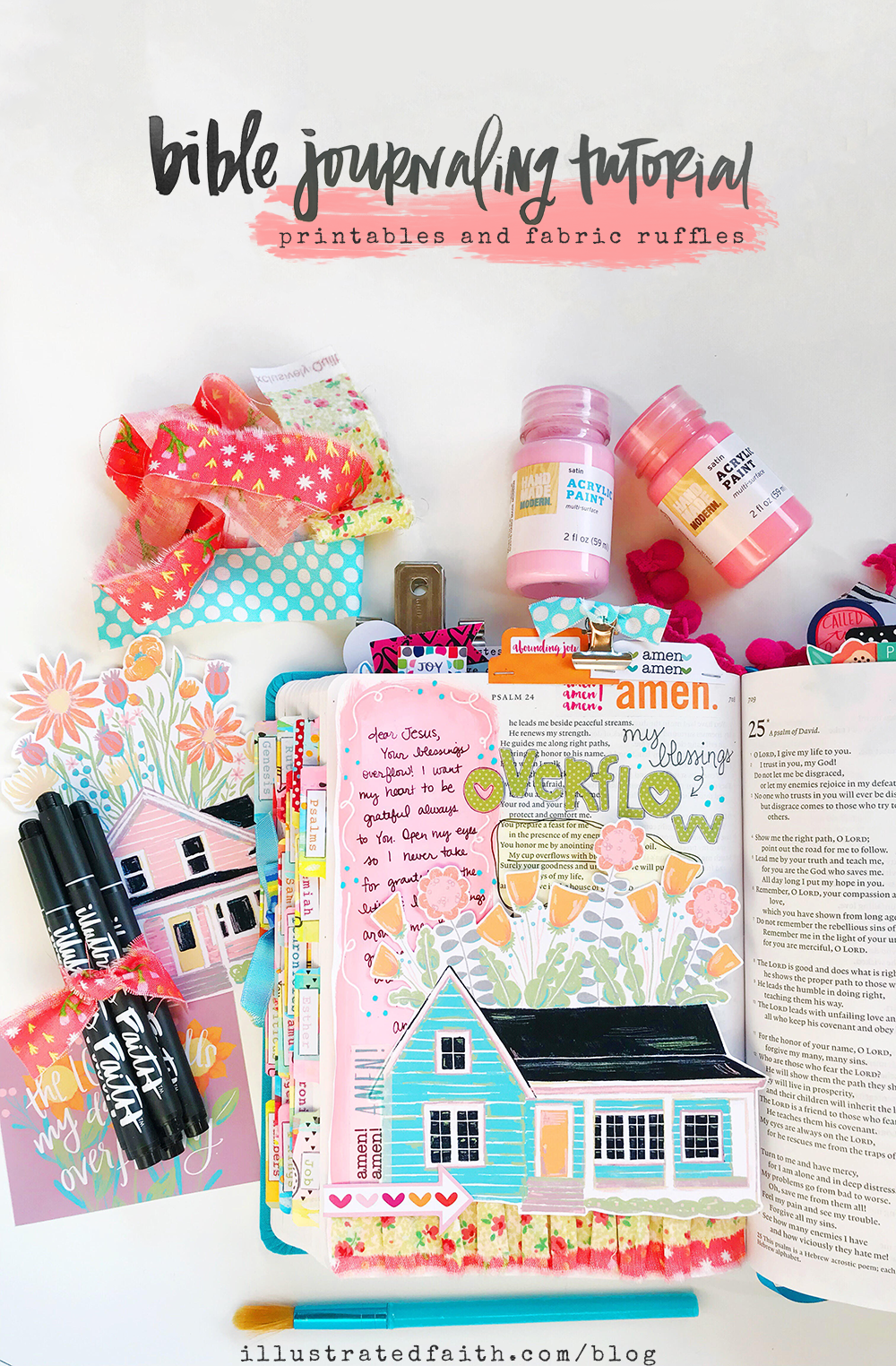Mixed Media Print and Pray Bible Journaling Tutorial by Cristin Howell using Print & Pray digital printables | Mod Podge and Fabric Ribbons | My Blessings Overflow