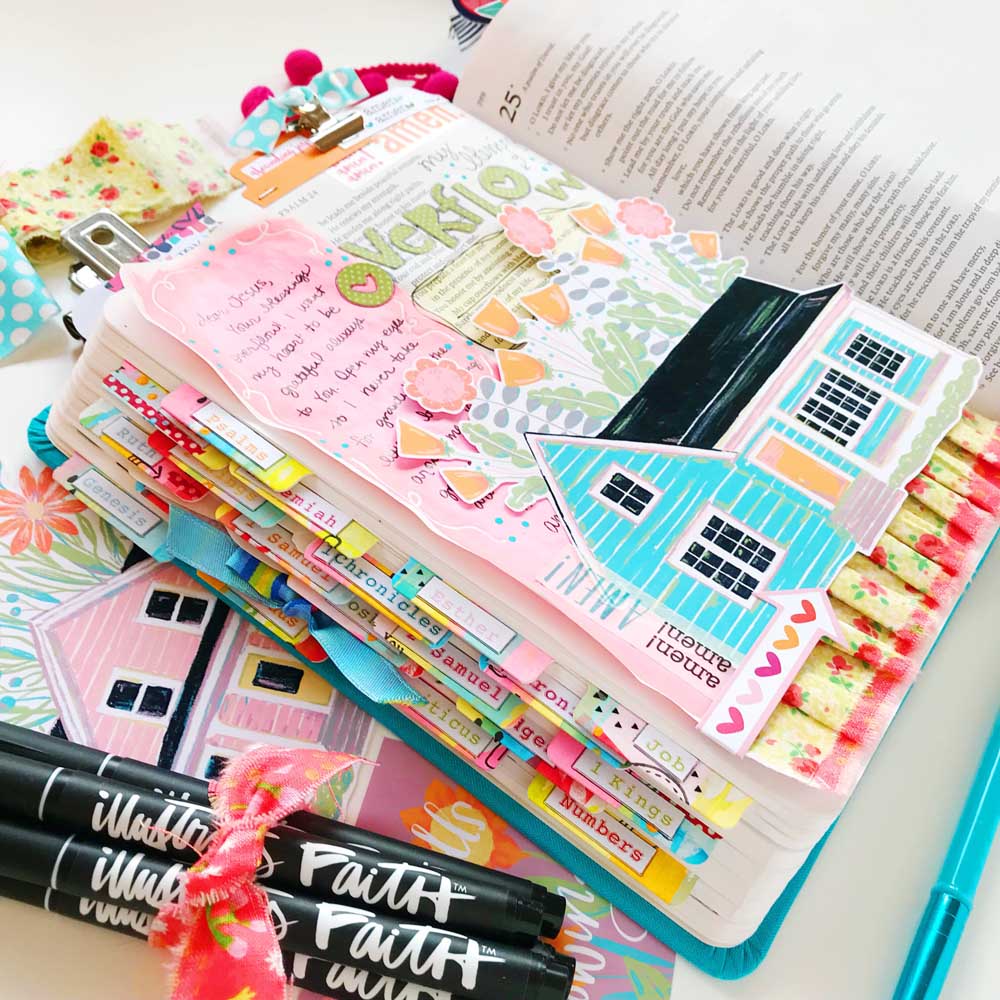 Mixed Media Print and Pray Bible Journaling Tutorial by Cristin Howell using Print & Pray digital printables | Mod Podge and Fabric Ribbons | My Blessings Overflow