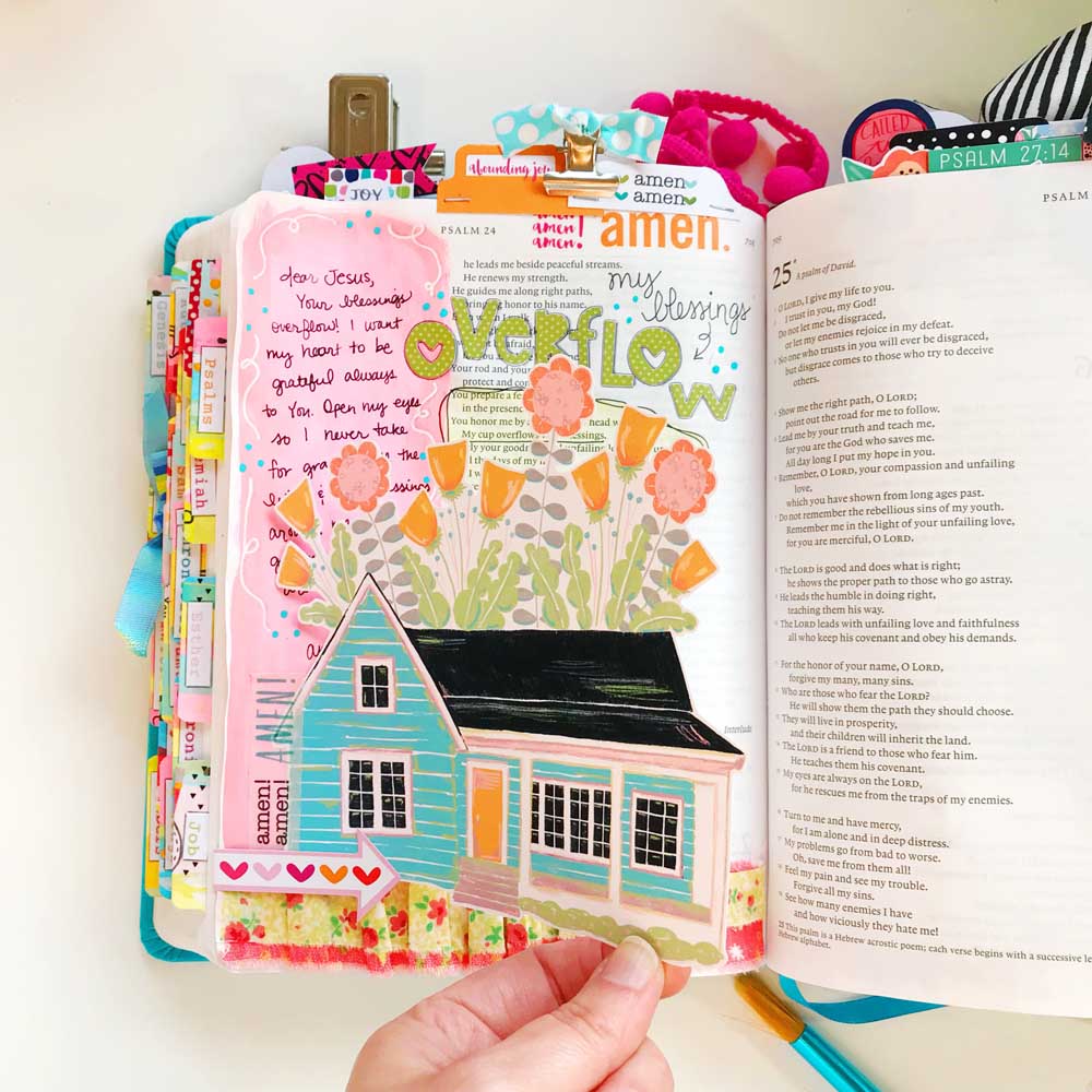 Mixed Media Print and Pray Bible Journaling Tutorial by Cristin Howell using Print & Pray digital printables | Mod Podge and Fabric Ribbons | My Blessings Overflow