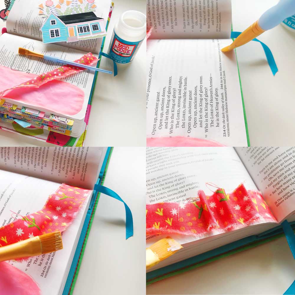 Mixed Media Print and Pray Bible Journaling Tutorial by Cristin Howell using Print & Pray digital printables | Mod Podge and Fabric Ribbons | My Blessings Overflow