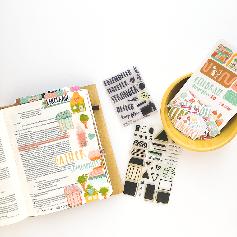 mixed media Bible journaling tutorial by Heather Greenwood | layered stamping with acrylic paints | Illustrated Faith Stronger Together Devotional