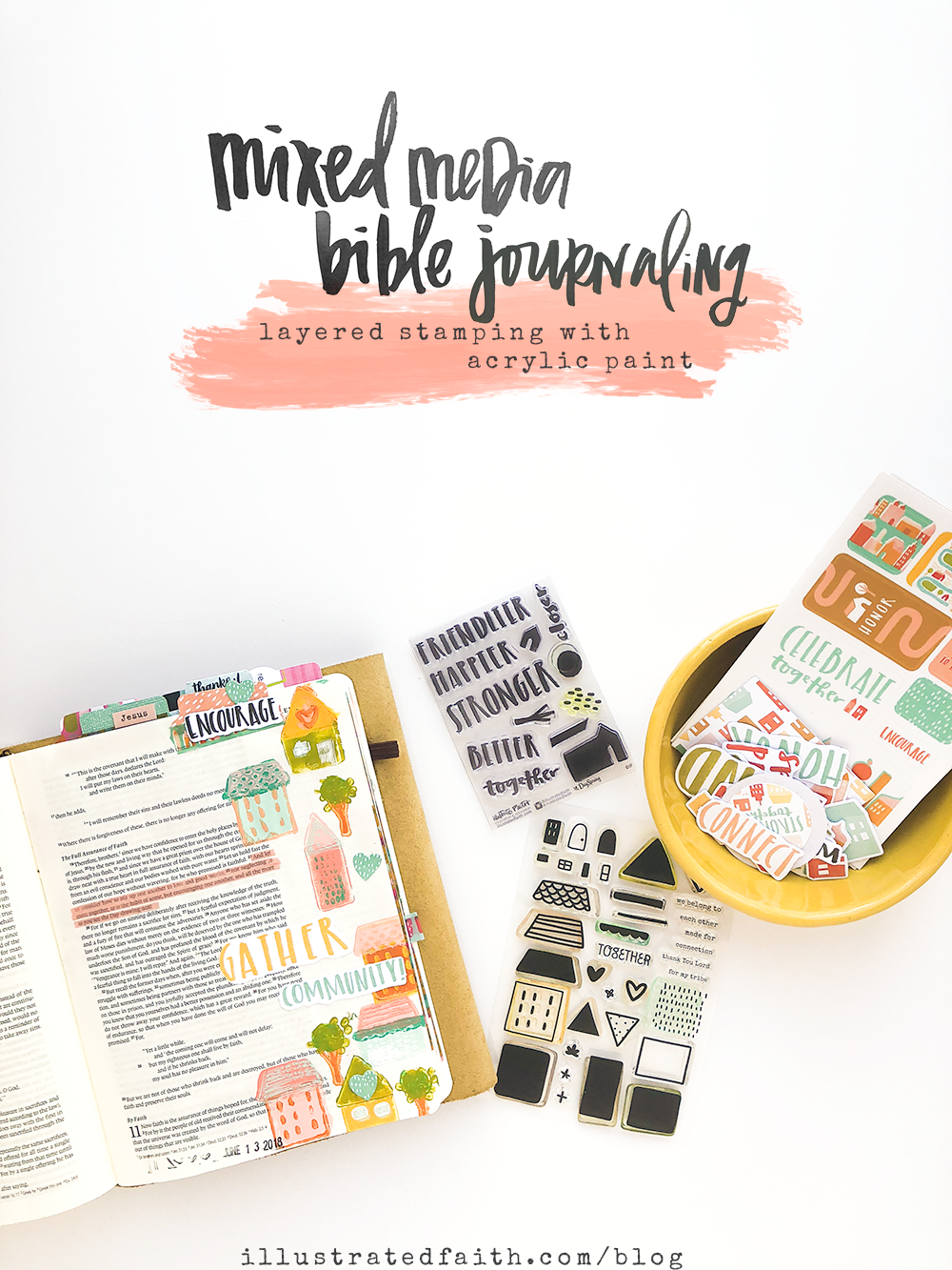 mixed media Bible journaling tutorial by Heather Greenwood | layered stamping with acrylic paints | Illustrated Faith Stronger Together Devotional