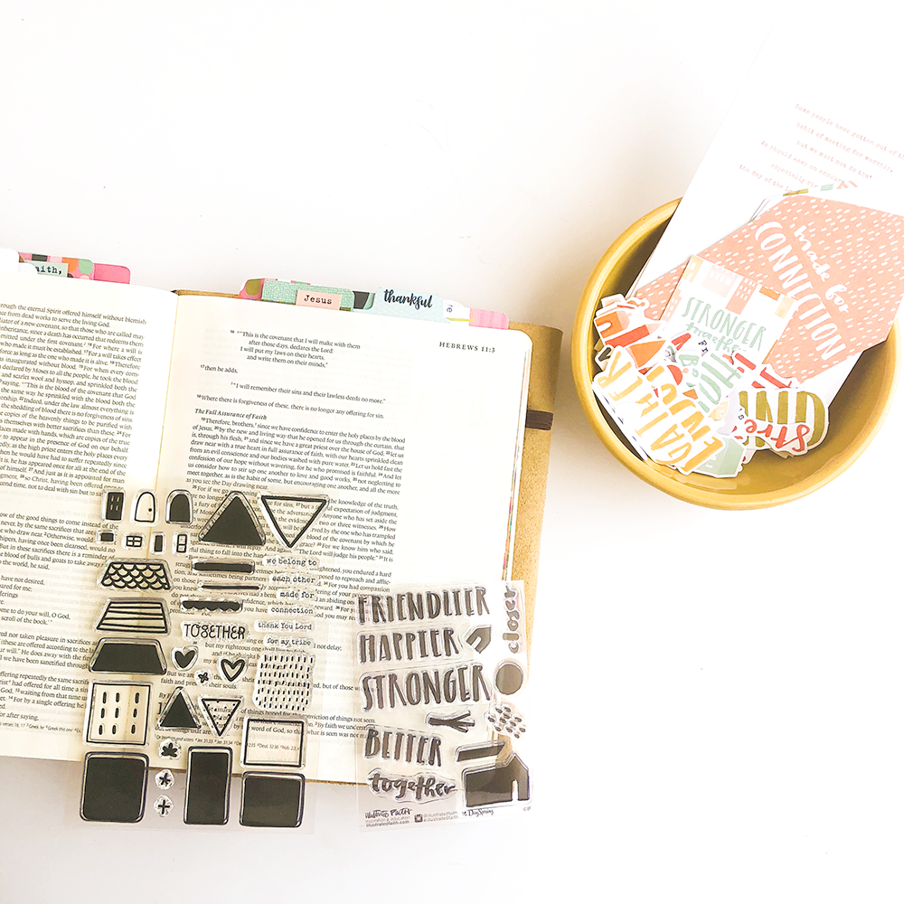 mixed media Bible journaling tutorial by Heather Greenwood | layered stamping with acrylic paints | Illustrated Faith Stronger Together Devotional