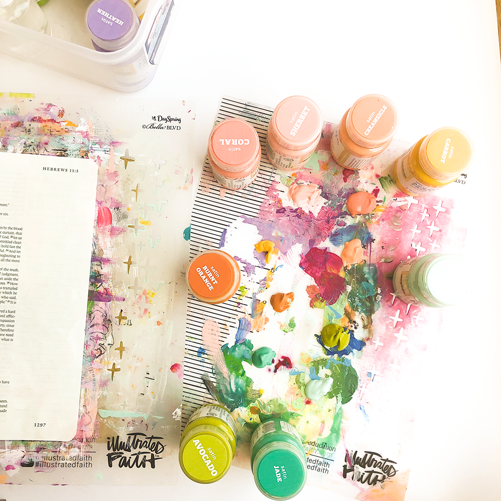 mixed media Bible journaling tutorial by Heather Greenwood | layered stamping with acrylic paints | Illustrated Faith Stronger Together Devotional