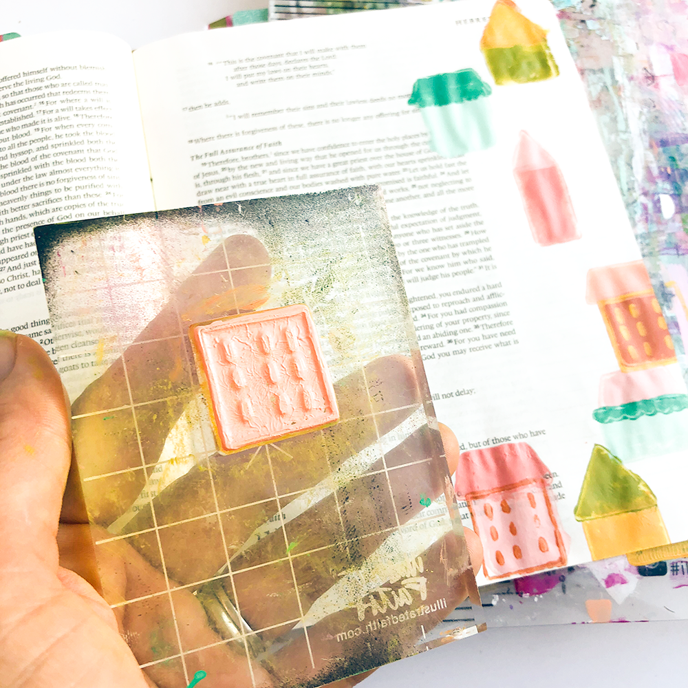 mixed media Bible journaling tutorial by Heather Greenwood | layered stamping with acrylic paints | Illustrated Faith Stronger Together Devotional