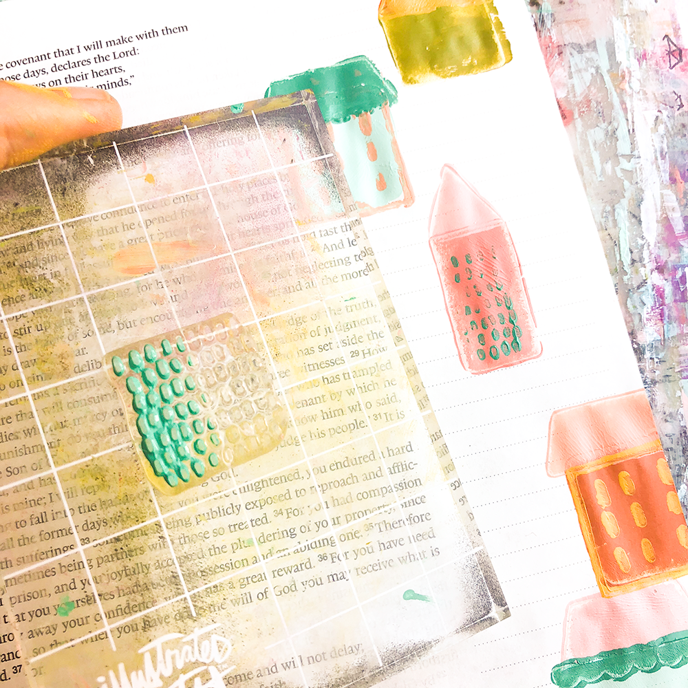 mixed media Bible journaling tutorial by Heather Greenwood | layered stamping with acrylic paints | Illustrated Faith Stronger Together Devotional