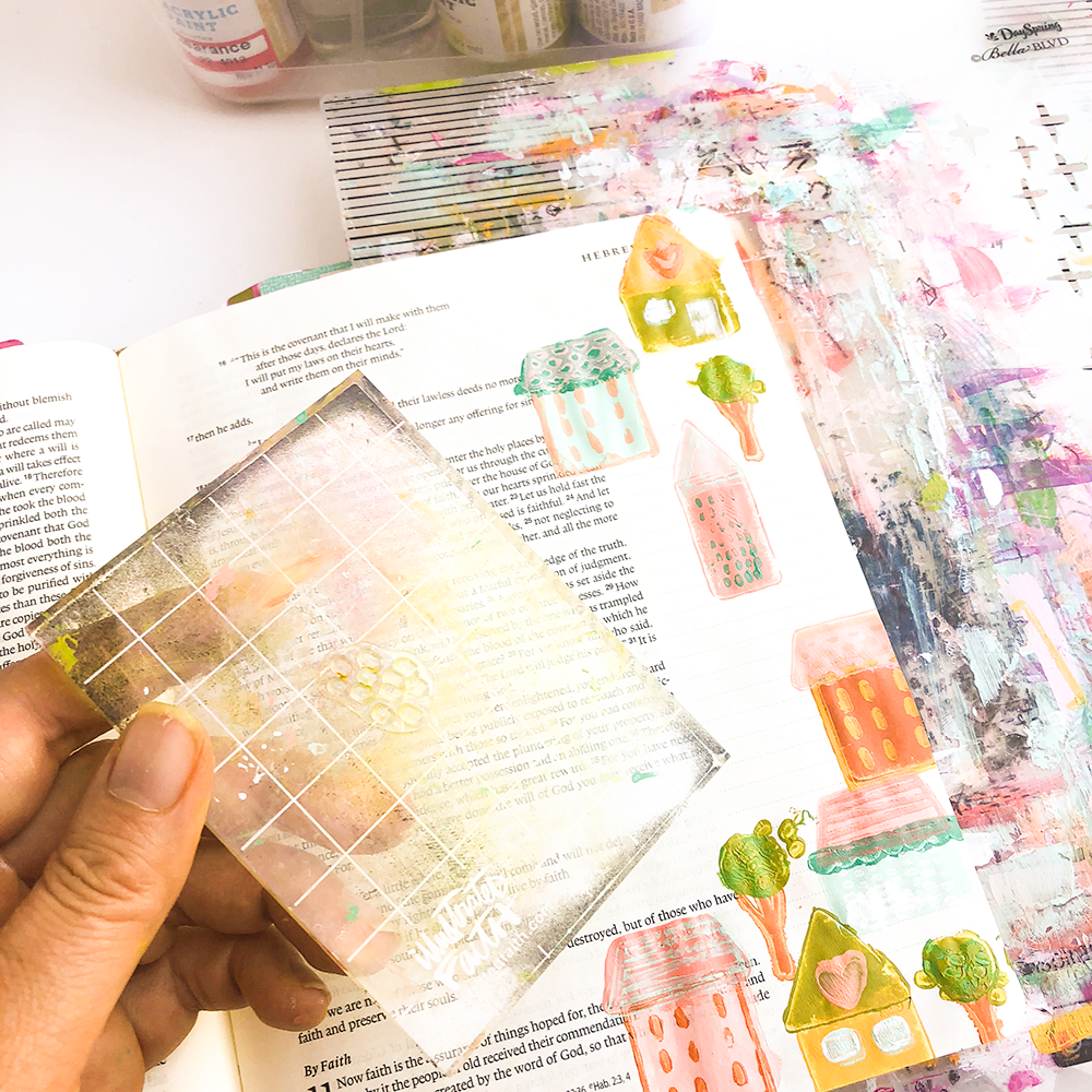 mixed media Bible journaling tutorial by Heather Greenwood | layered stamping with acrylic paints | Illustrated Faith Stronger Together Devotional