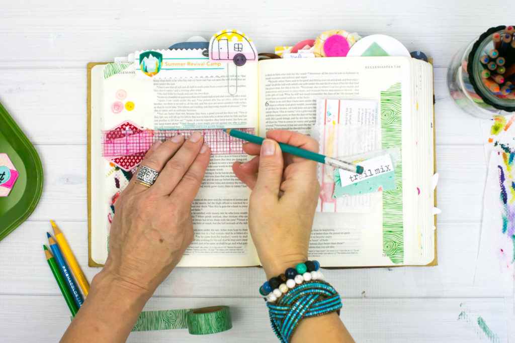 Mixed Media Bible Journaling Tutorial by Amy Bruce | Community and Fellowship | Paper Towel Brush Scraps | Revival Camp