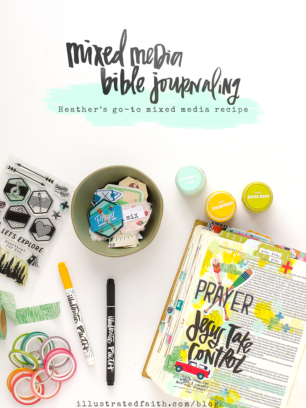 mixed media Bible journaling tutorial by Heather Greenwood | Heather's go-to recipe for Bible journaling | Revival Camp 2018 - Prayer | Philippians 4:6-7