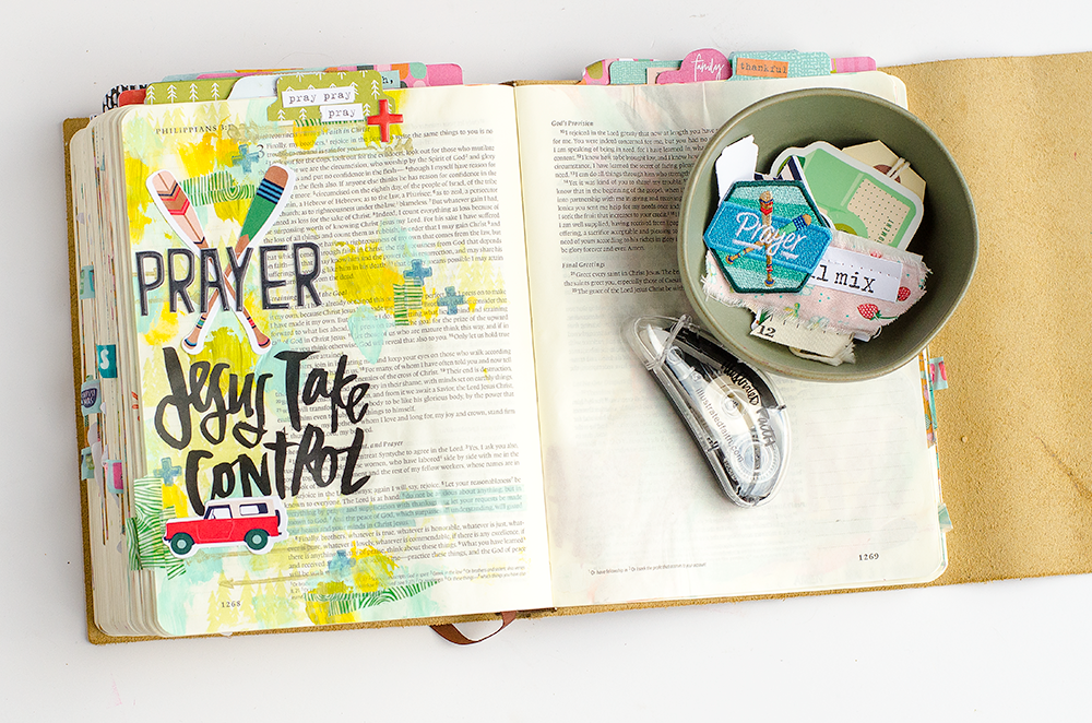 mixed media Bible journaling tutorial by Heather Greenwood | Heather's go-to recipe for Bible journaling | Revival Camp 2018 - Prayer | Philippians 4:6-7