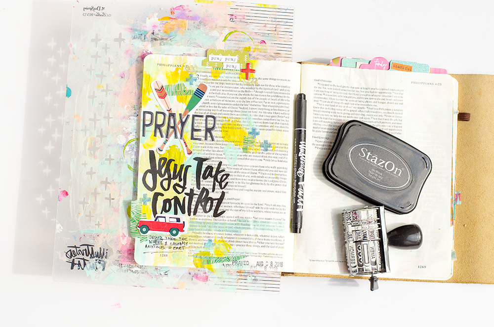 mixed media Bible journaling tutorial by Heather Greenwood | Heather's go-to recipe for Bible journaling | Revival Camp 2018 - Prayer | Philippians 4:6-7