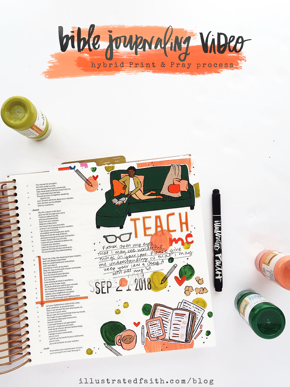 Print and Pray Bible Journaling Process Video by Jillian aka Hello Jillsky using digitial printables | Jesus and Chill - Teach Me | Psalm 119:33-37