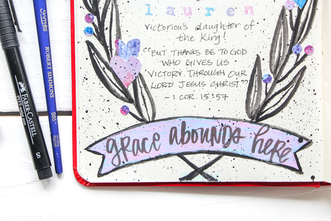 "This Bible Belongs To" Page: Journaling Bible Process Video | Lauren Lanker is back with another blog post and process video using her Permission Pages Devotional Kit–this time to create a "This Bible Belongs To" Page at the front of her Bible that says so much more than just her name. It speaks to our identity in Christ! When we remember who we are because of who God is, all our fears about "messing up" a page in our Journaling Bible fade away. Great for beginners!