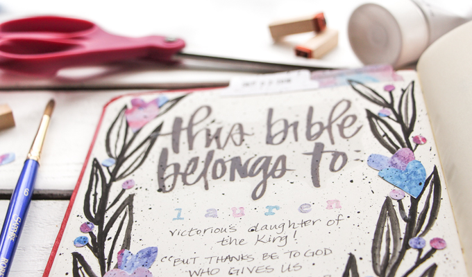 "This Bible Belongs To" Page: Journaling Bible Process Video | Lauren Lanker is back with another blog post and process video using her Permission Pages Devotional Kit–this time to create a "This Bible Belongs To" Page at the front of her Bible that says so much more than just her name. It speaks to our identity in Christ! When we remember who we are because of who God is, all our fears about "messing up" a page in our Journaling Bible fade away. Great for beginners!