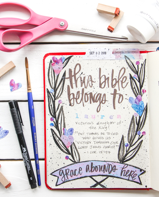 "This Bible Belongs To" Page: Journaling Bible Process Video | Lauren Lanker is back with another blog post and process video using her Permission Pages Devotional Kit–this time to create a "This Bible Belongs To" Page at the front of her Bible that says so much more than just her name. It speaks to our identity in Christ! When we remember who we are because of who God is, all our fears about "messing up" a page in our Journaling Bible fade away. Great for beginners!