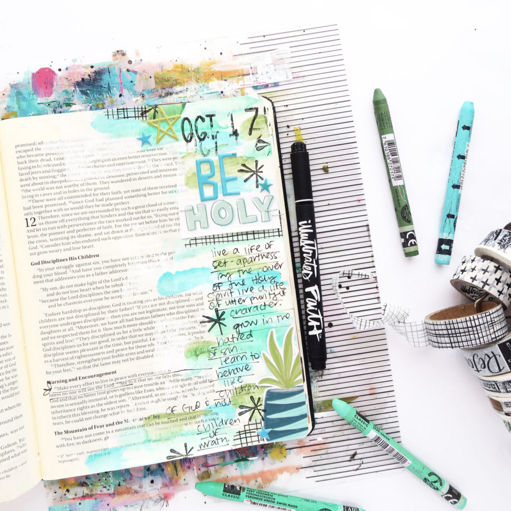 Hybrid Mixed Media Bible Journaling Process Video by Jillian aka Hello Jillsky using digital printables | Print and Pray Shop Daddy Dates | Hebrews 12:14
