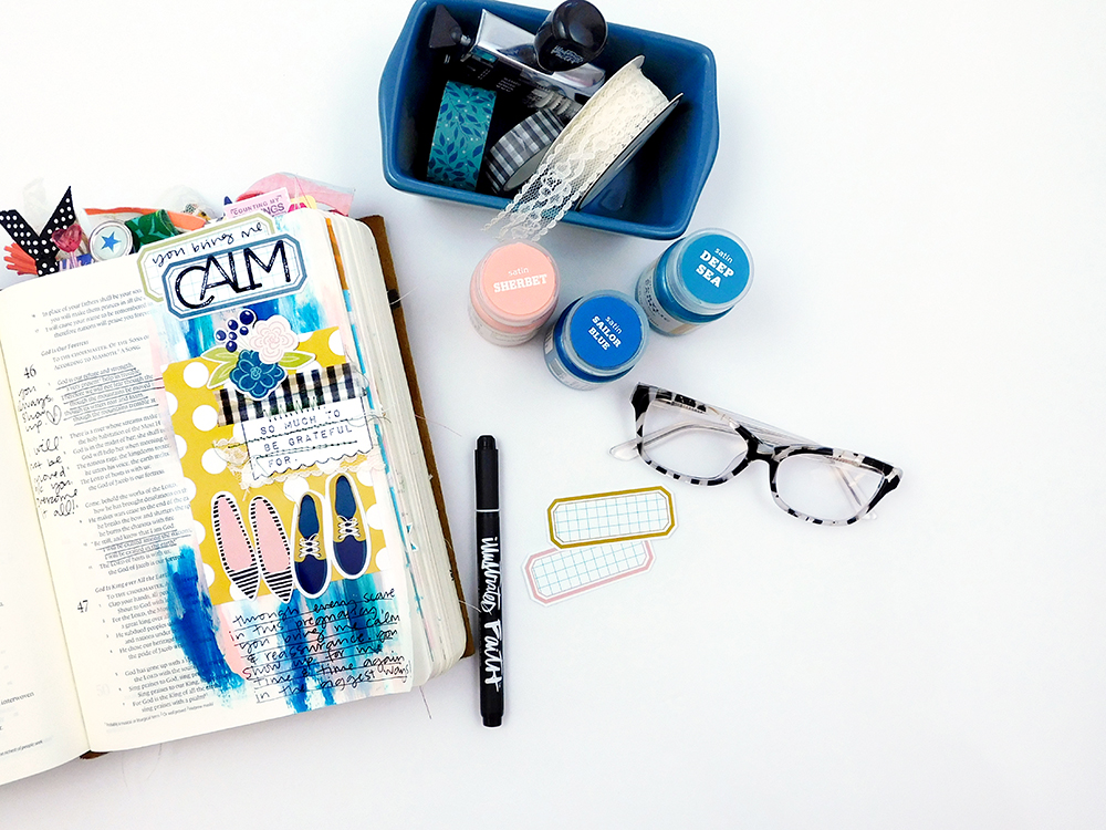 Print & Pray Hybrid Bible Journaling by Elaine Davis using digital printables | Calm | Psalm 46