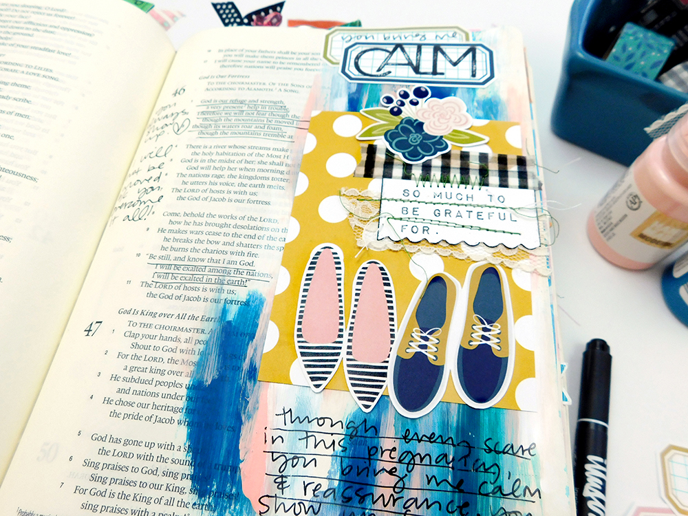 Print & Pray Hybrid Bible Journaling by Elaine Davis using digital printables | Calm | Psalm 46