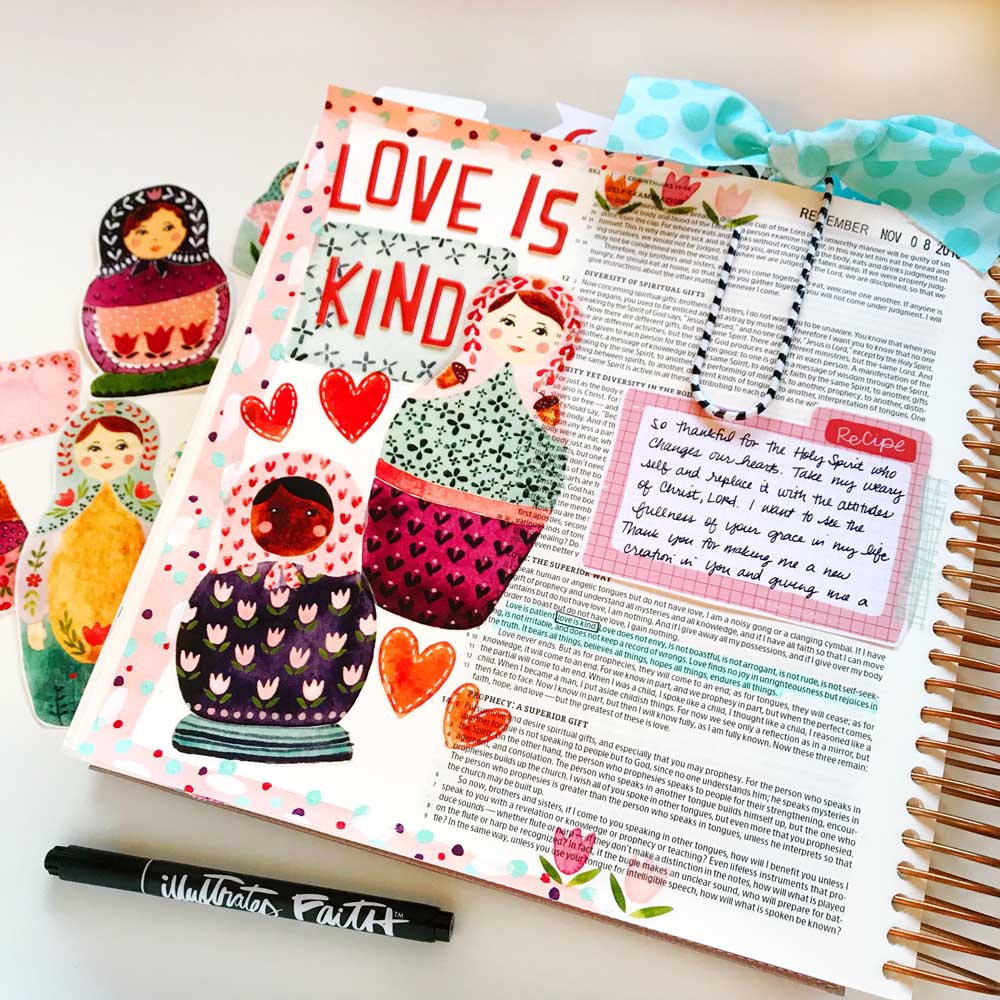 Print and Pray Hybrid Bible Journaling by Cristin Howell using digital printables | Love is Kind | 1 Cor. 13