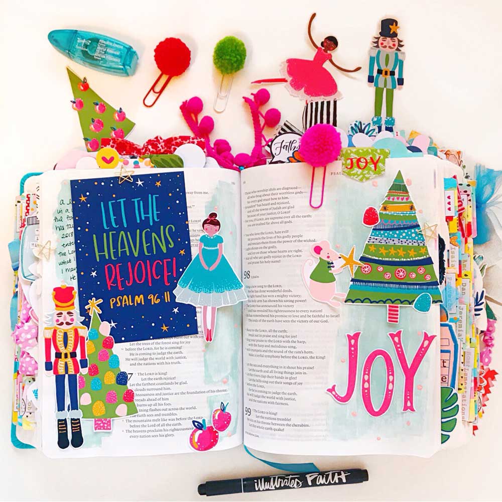 Hybrid Print and Pray Bible Journaling by Cristin Howell using digital printables | Let the Heavens Rejoice! | Psalm 96