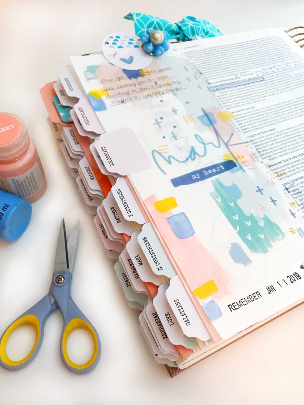 Mixed Media Print and Pray Bible Journaling | Mark My Heart in 2019 | Colossians 3:2 | hybrid bible journaling using digital printables by Cristin Howell