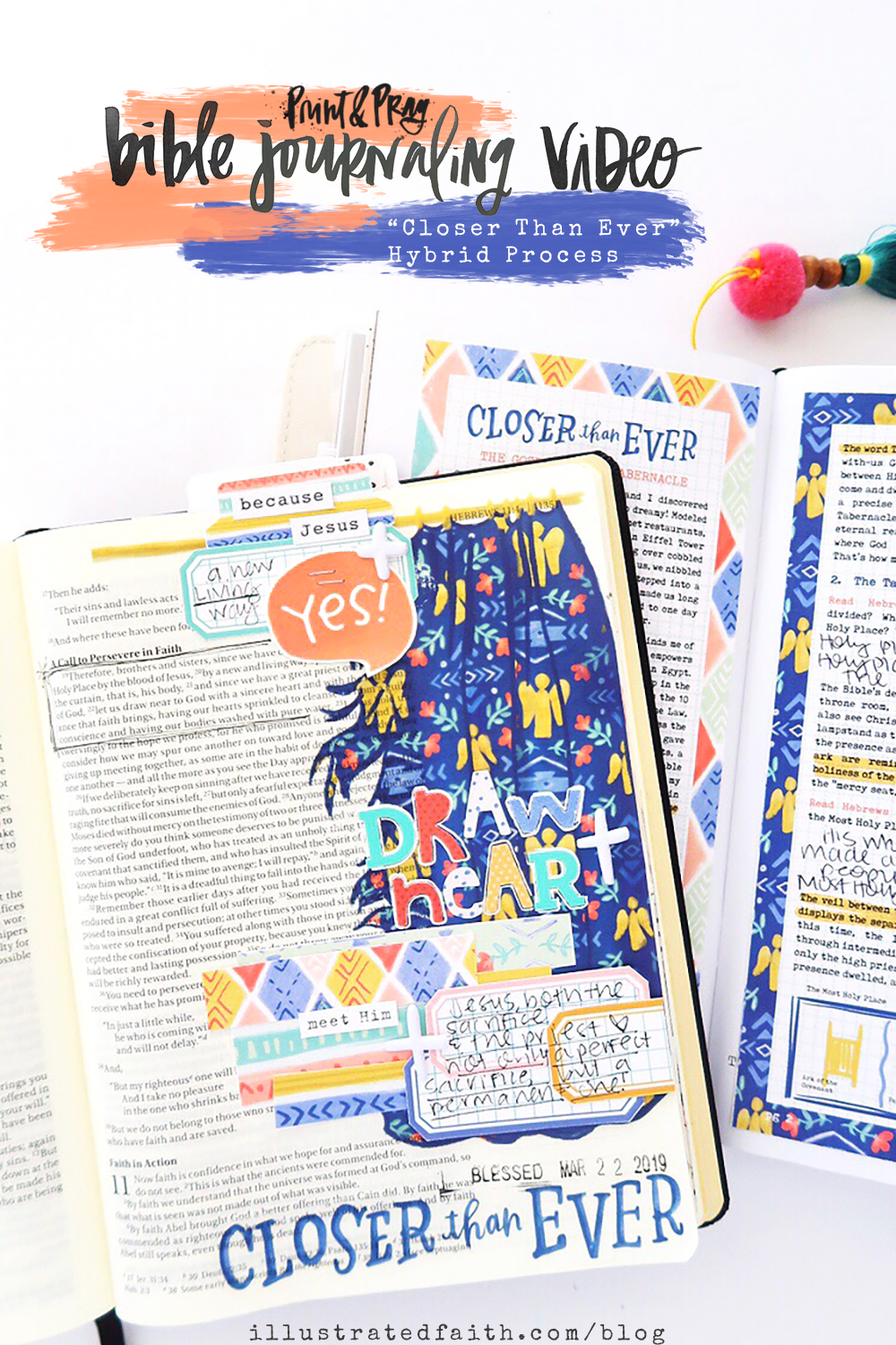 Hybrid Bible Journaling Process Video by Jillian aka Hello Jillsky using digital printables | Draw Near | Hebrews 10:19-22