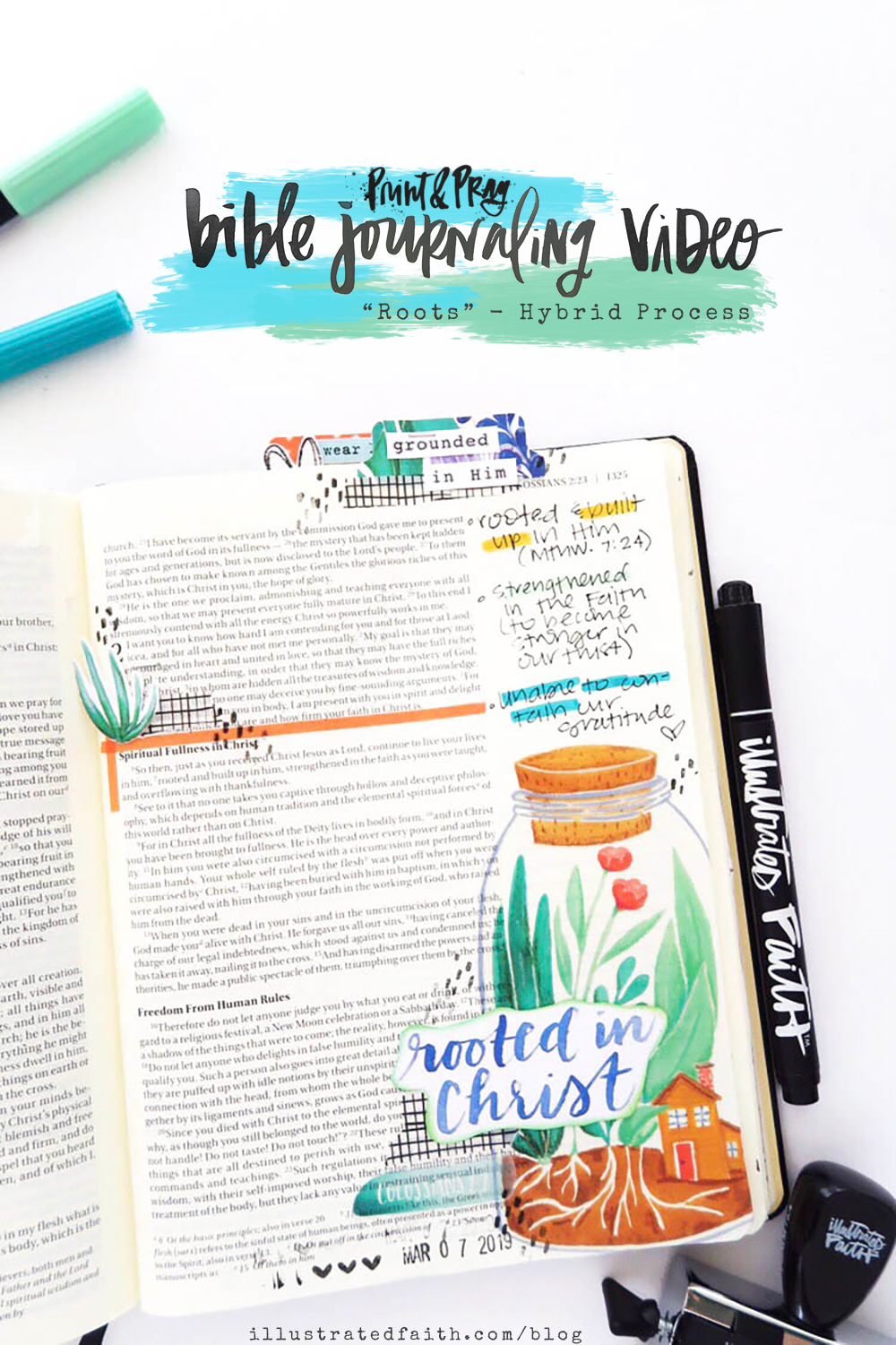 Hybrid Bible Journaling Process Video by Jillian aka Hello Jillsky using digital printables | Roots | Colossians 2:6-7