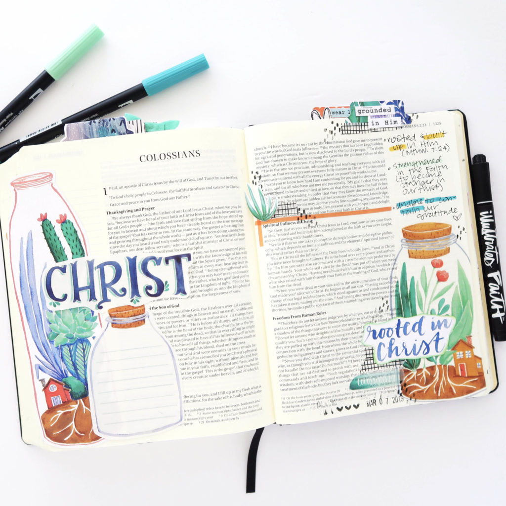 Hybrid Bible Journaling Process Video by Jillian aka Hello Jillsky using digital printables | Roots | Colossians 2:6-7