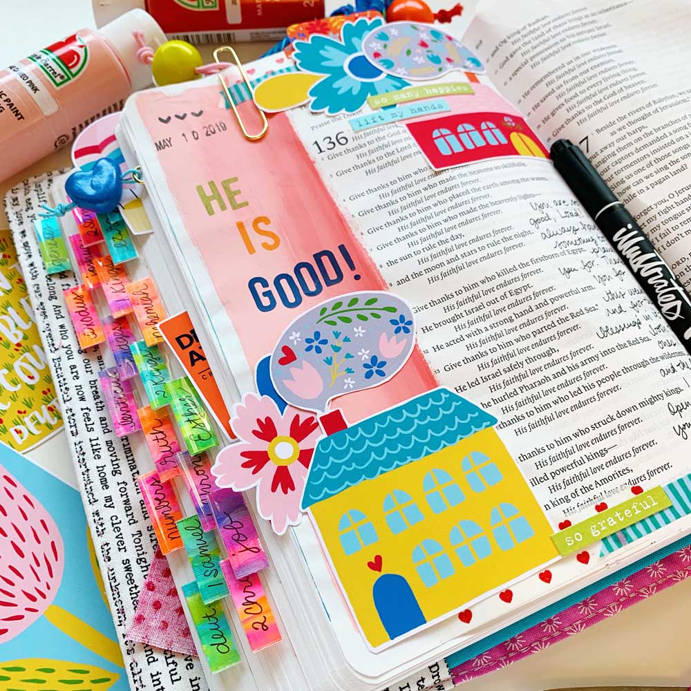 Mixed Media Print and Pray Bible Journaling by Cristin Howell using digital printables | Inspiration When You Don't Know What to Journal! | Psalm 136