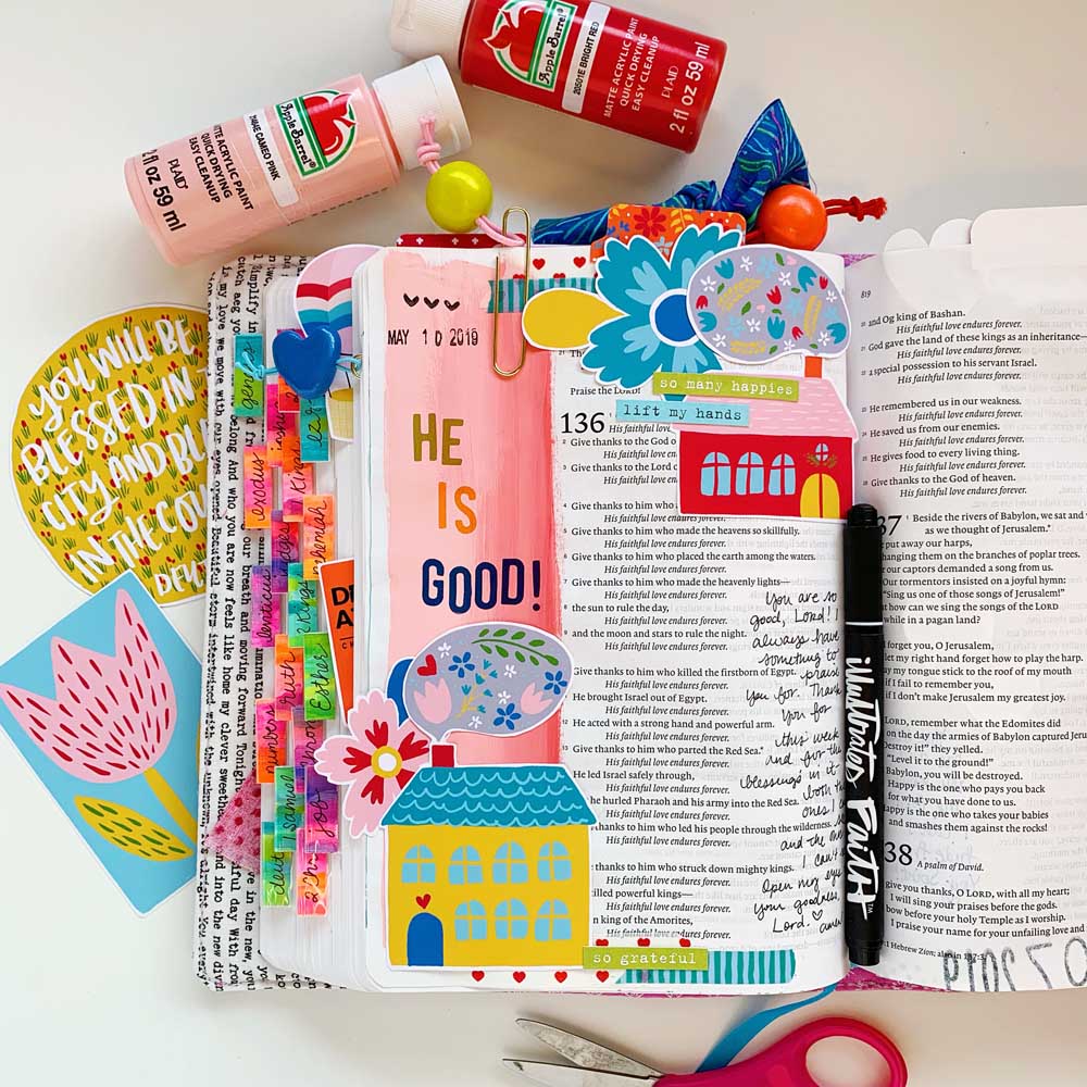 Mixed Media Print and Pray Bible Journaling by Cristin Howell using digital printables | Inspiration When You Don't Know What to Journal! | Psalm 136