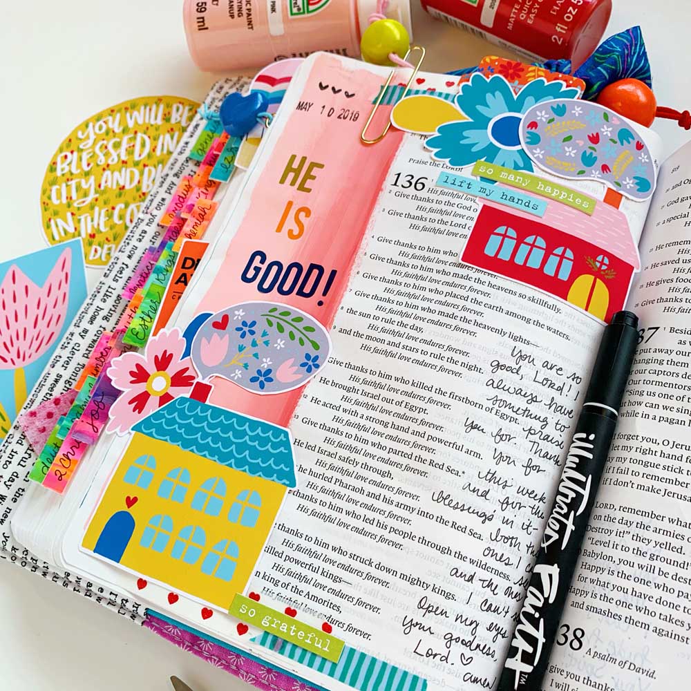 Mixed Media Print and Pray Bible Journaling by Cristin Howell using digital printables | Inspiration When You Don't Know What to Journal! | Psalm 136