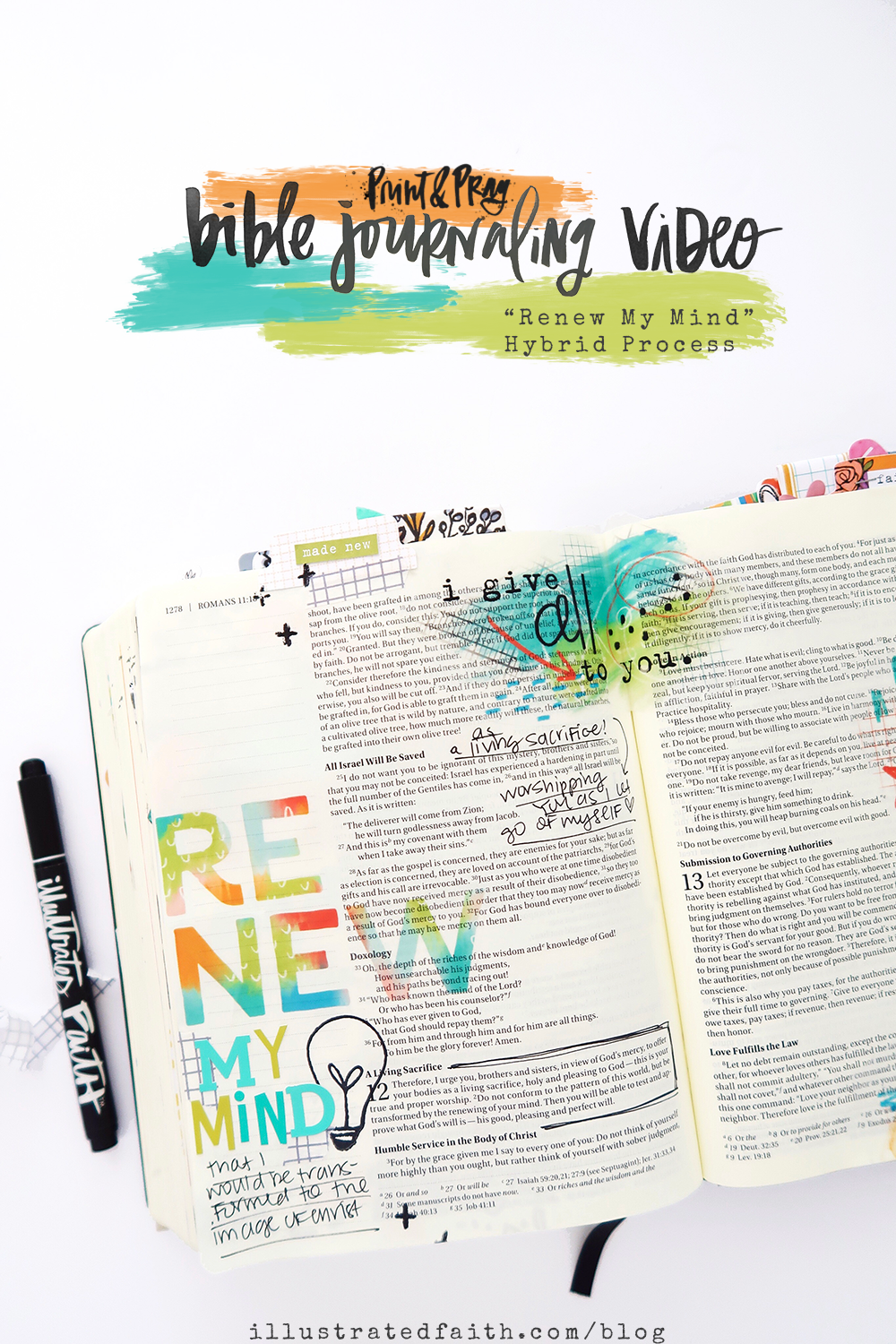 Print and Pray Hybrid Bible Journaling Process Video by Jillian aka Hello Jillsky using digital printables | Romans 12:1-2