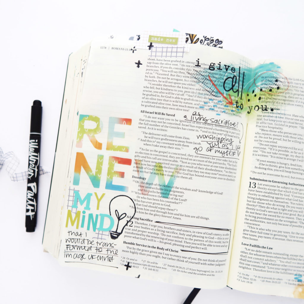 Print and Pray Hybrid Bible Journaling Process Video by Jillian aka Hello Jillsky using digital printables | Romans 12:1-2