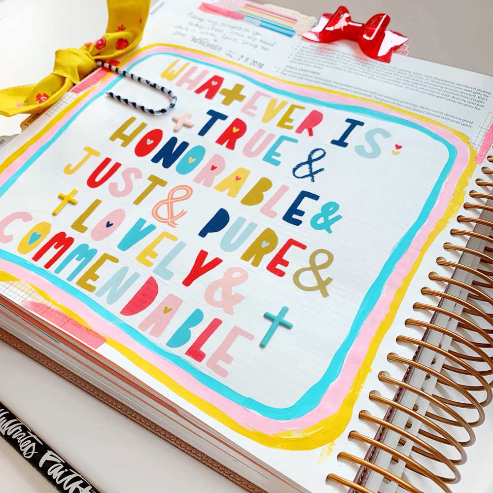 Hybrid Print and Pray Bible Journaling by Cristin Howell using digital printables | Let's Use Printable Alpha Stickers | Phil. 4:8