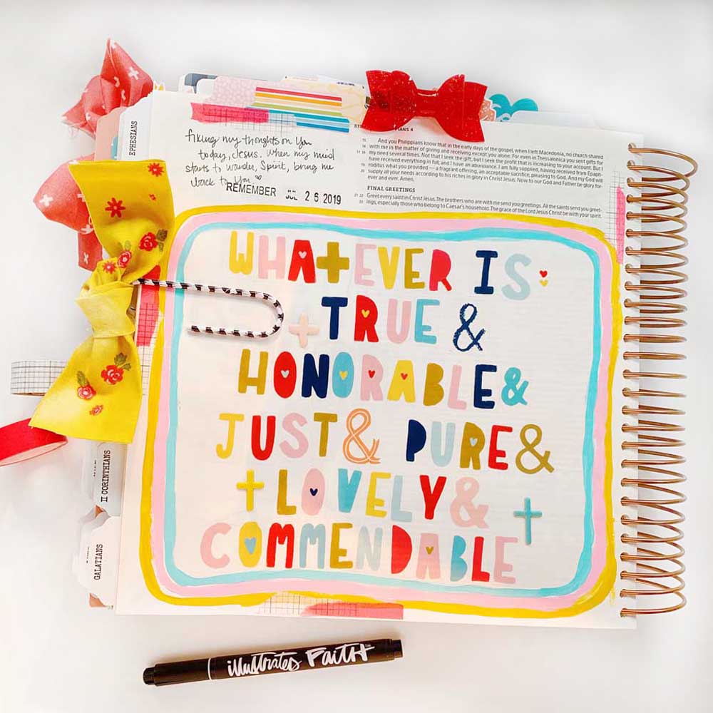 Hybrid Print and Pray Bible Journaling by Cristin Howell using digital printables | Let's Use Printable Alpha Stickers | Phil. 4:8