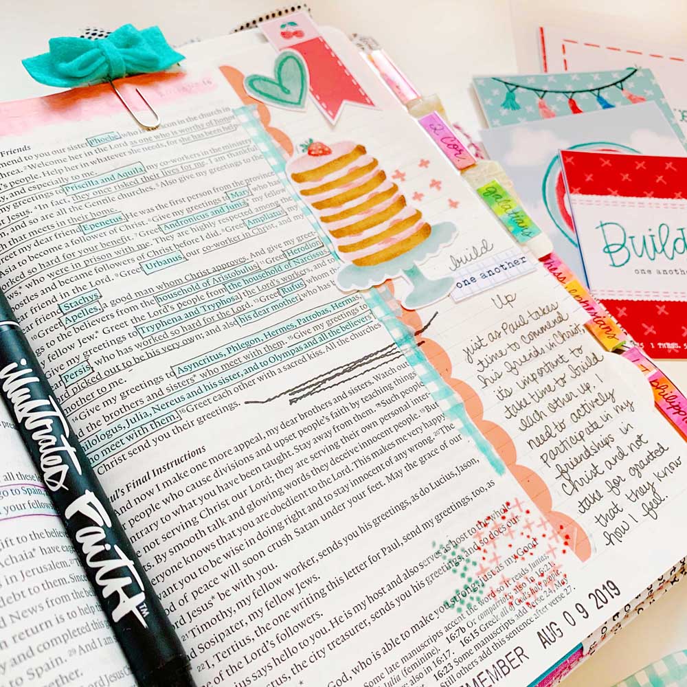 Print and Pray Hybrid Bible Journaling by Cristin Howell using digital printables | Build One Another Up | Romans 16