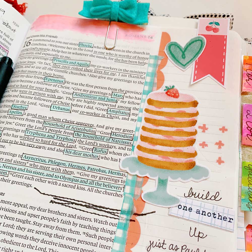 Print and Pray Hybrid Bible Journaling by Cristin Howell using digital printables | Build One Another Up | Romans 16