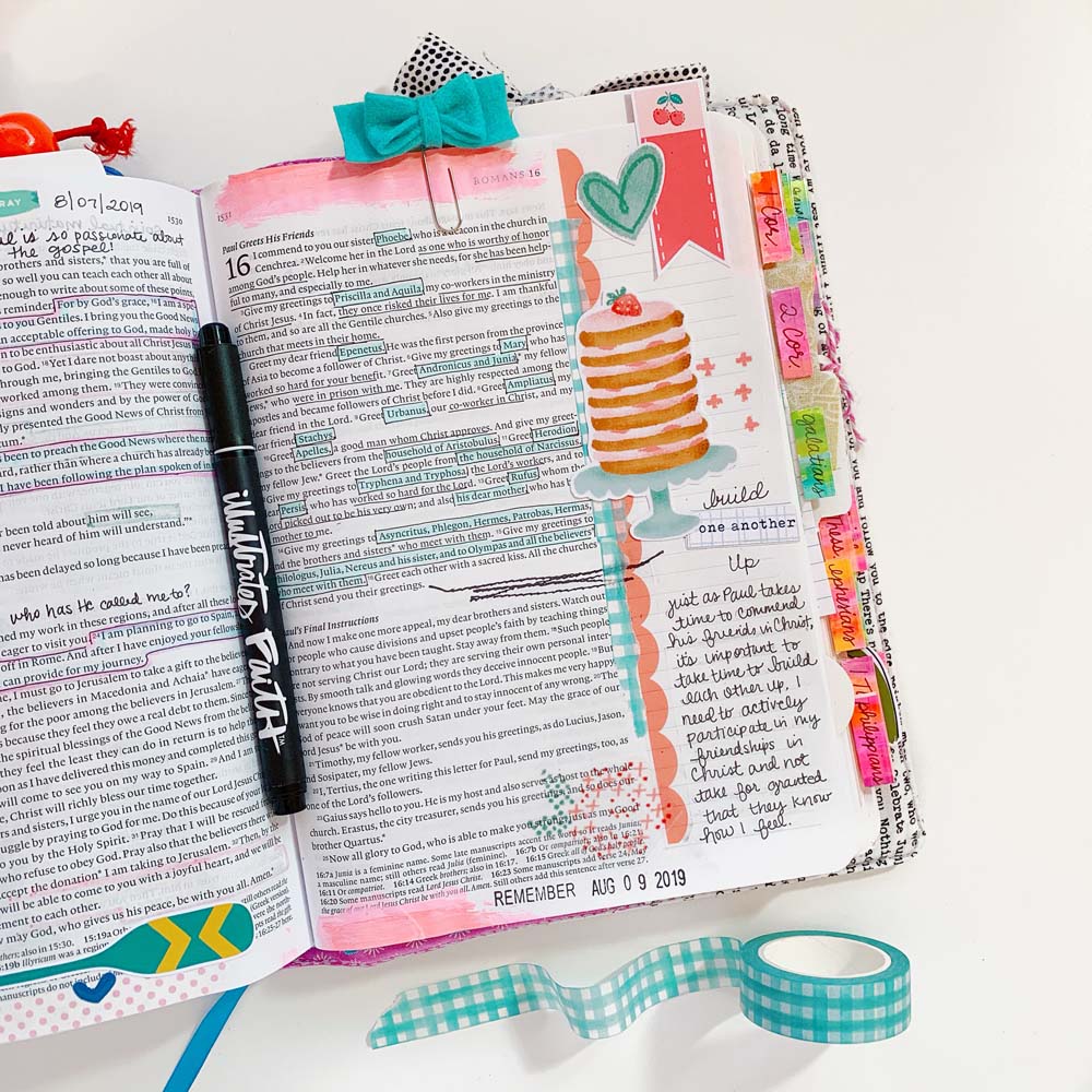 Print and Pray Hybrid Bible Journaling by Cristin Howell using digital printables | Build One Another Up | Romans 16