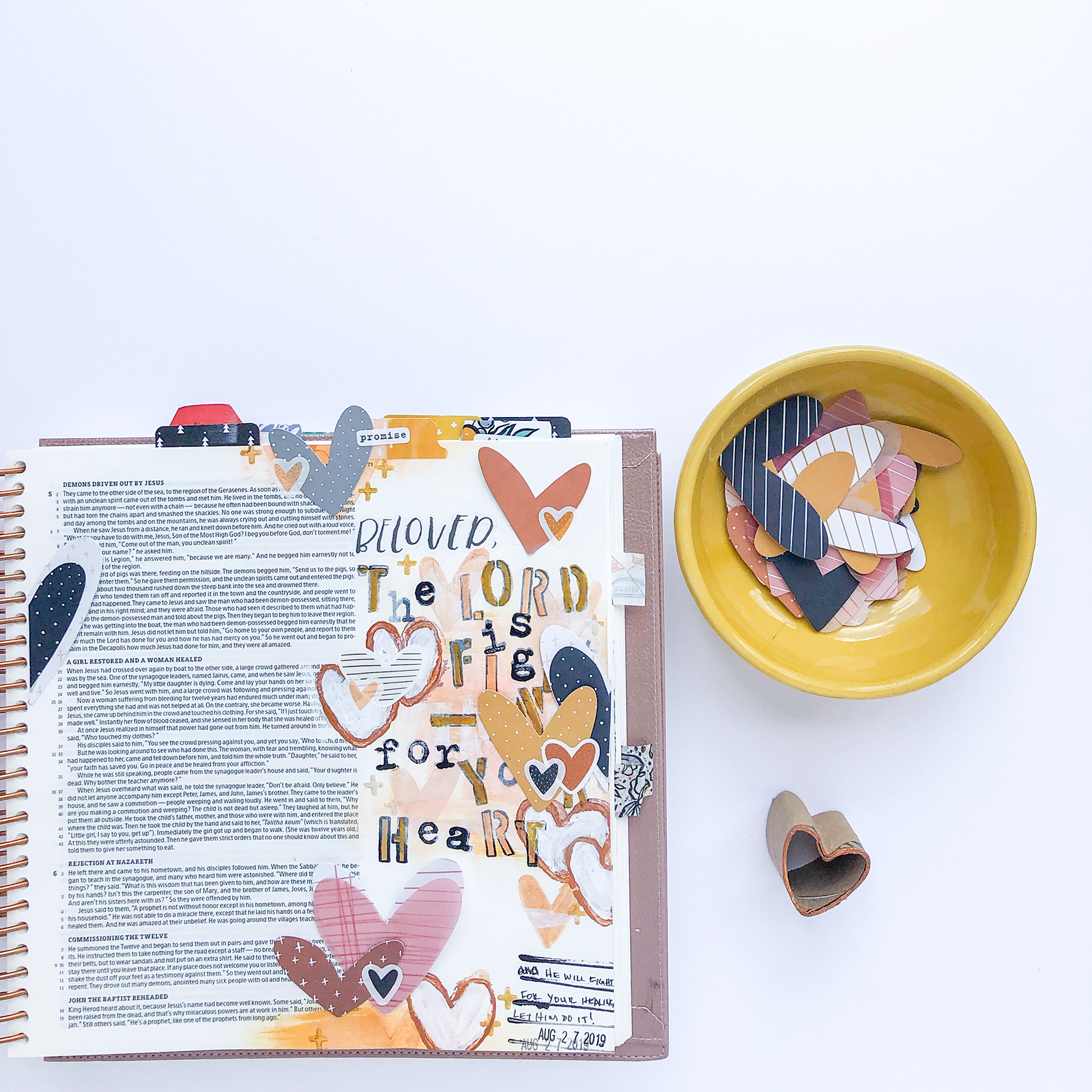 mixed media bible journaling tutorial by heather greenwood | creating a cardboard heart stamp | Illustrated Faith Heart Layers Devotional Kit | Mark 5