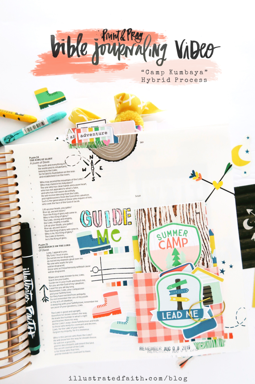 Print and Pray Hybrid Bible Journaling Process Video by Jillian aka Hello Jillsky using digital printables | Camp Kumbaya | Psalm 25:4-5