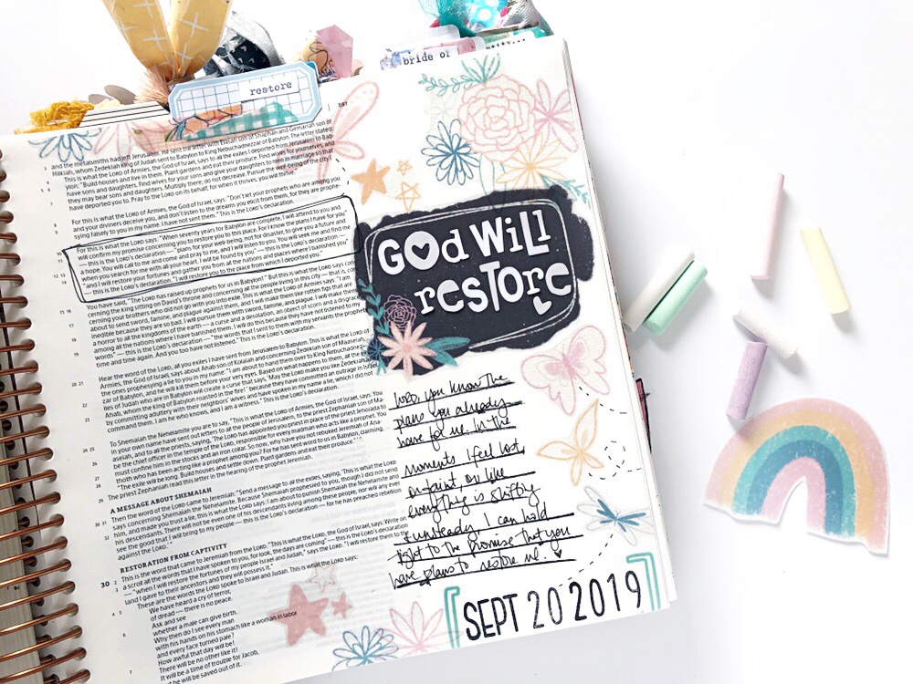 Print and Pray Bible Journaling by Rebecca Jensen using digital printables | God Will Restore | Jeremiah 29