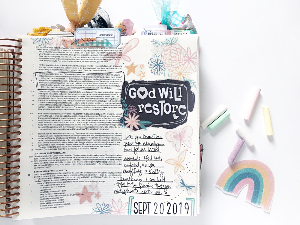 Print and Pray Bible Journaling by Rebecca Jensen using digital printables | God Will Restore | Jeremiah 29