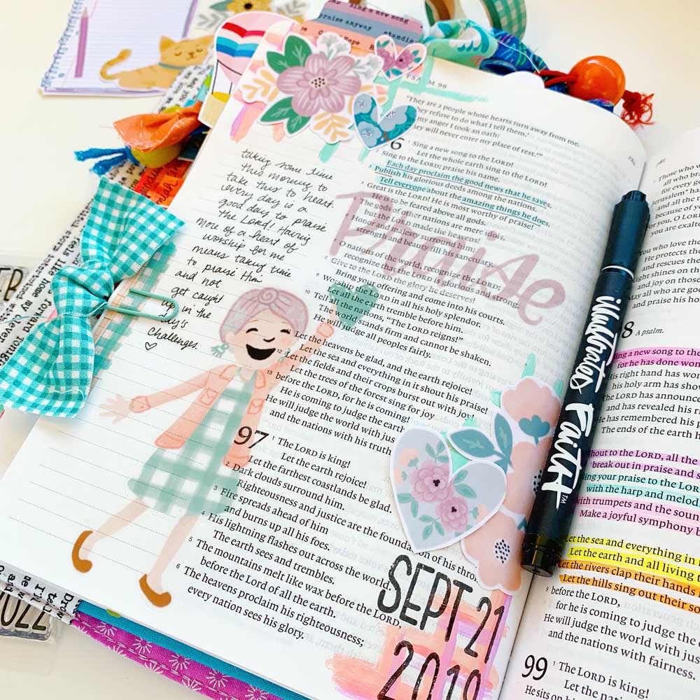 Hybrid Print and Pray Bible Journaling by Cristin Howell using digital printables | Praise Him! | Psalm 96