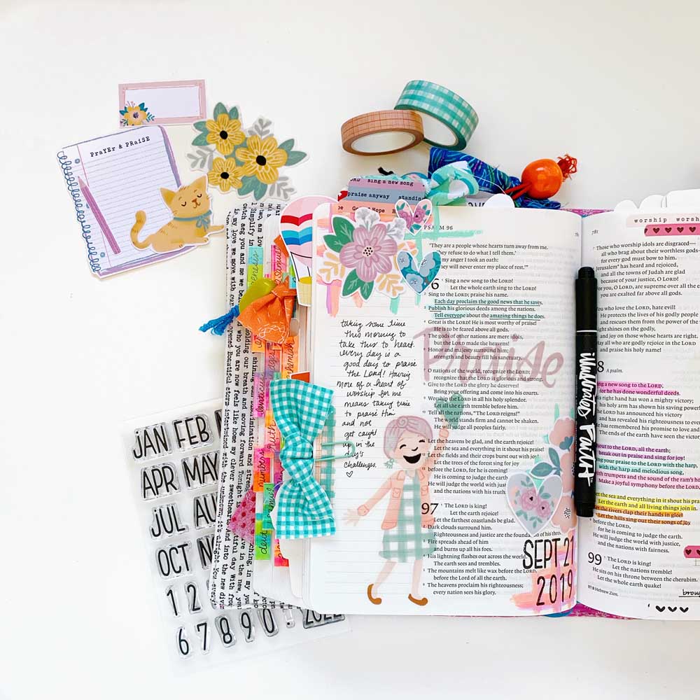 Hybrid Print and Pray Bible Journaling by Cristin Howell using digital printables | Praise Him! | Psalm 96