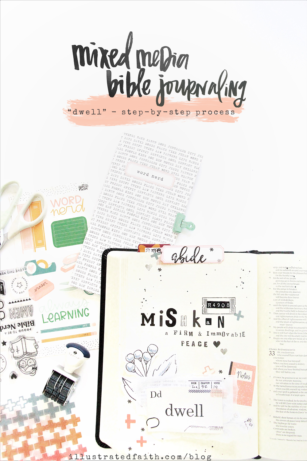 Bible Journaling step-by-step process by Bekah Lynn | Word Nerd Devotional Kit | Defining the word DWELL