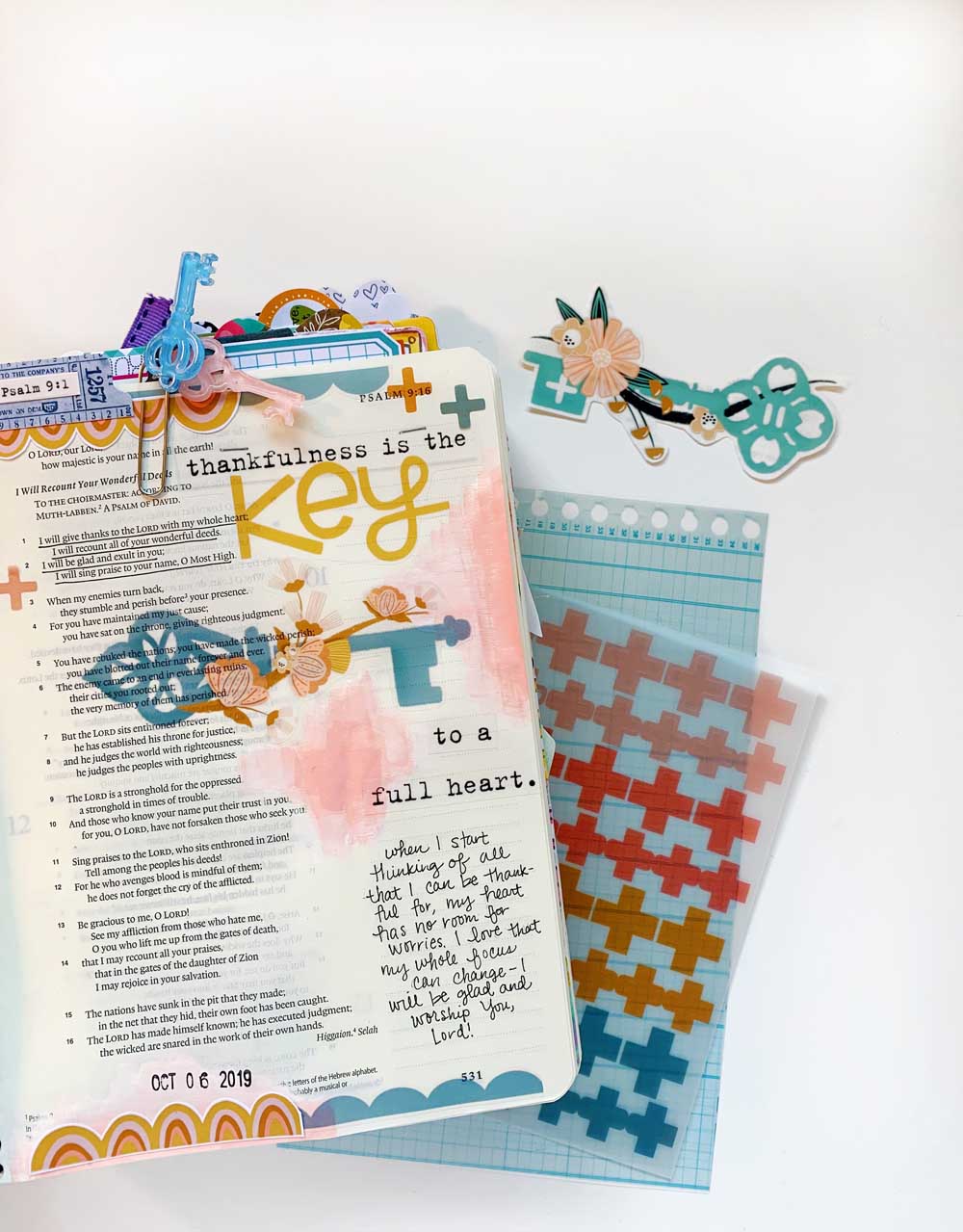 Print and Pray Hybrid Bible Journaling by Cristin Howell using digital printables | Thankfulness is Key | Psalm 9