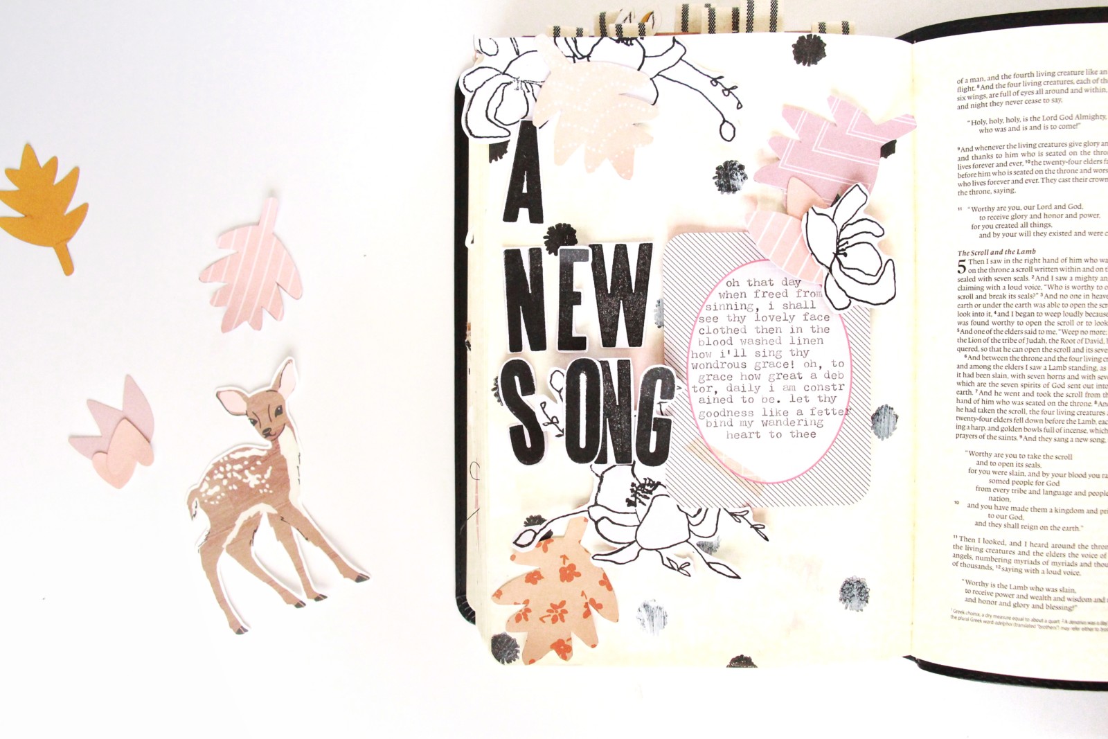 Gratitude Documented Step by Step Bible Journaling Tutorial layering paper pieces by Bekah Lynn – A NEW SONG – Revelation 5:9