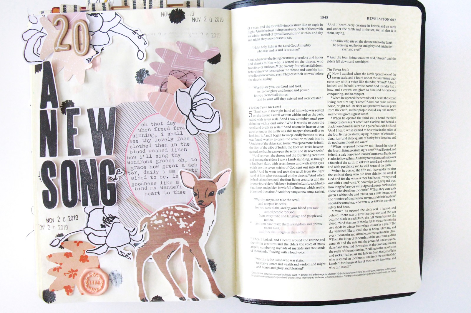 Gratitude Documented Step by Step Bible Journaling Tutorial layering paper pieces by Bekah Lynn – A NEW SONG – Revelation 5:9