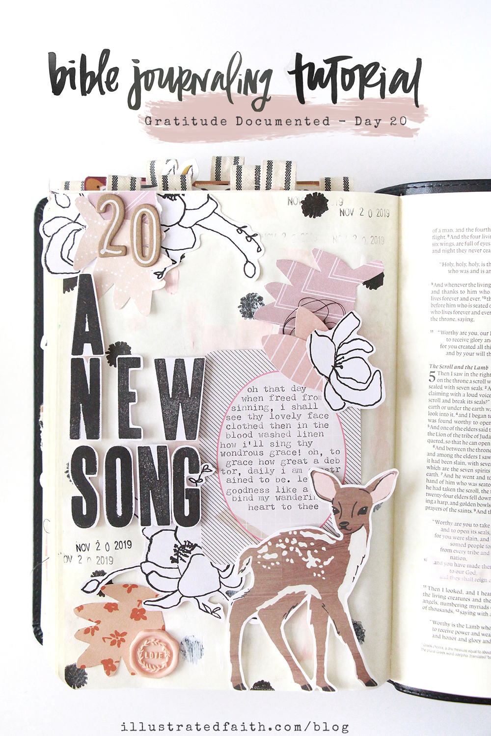 Gratitude Documented Step by Step Bible Journaling Tutorial layering paper pieces by Bekah Lynn – A NEW SONG – Revelation 5:9