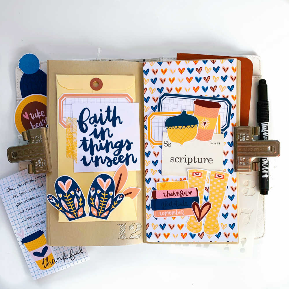 Gratitude Documented Print and Pray Hybrid Traveler's Notebook Journaling by Cristin Howell using digital printables | Day 12: Scripture | John 1:1